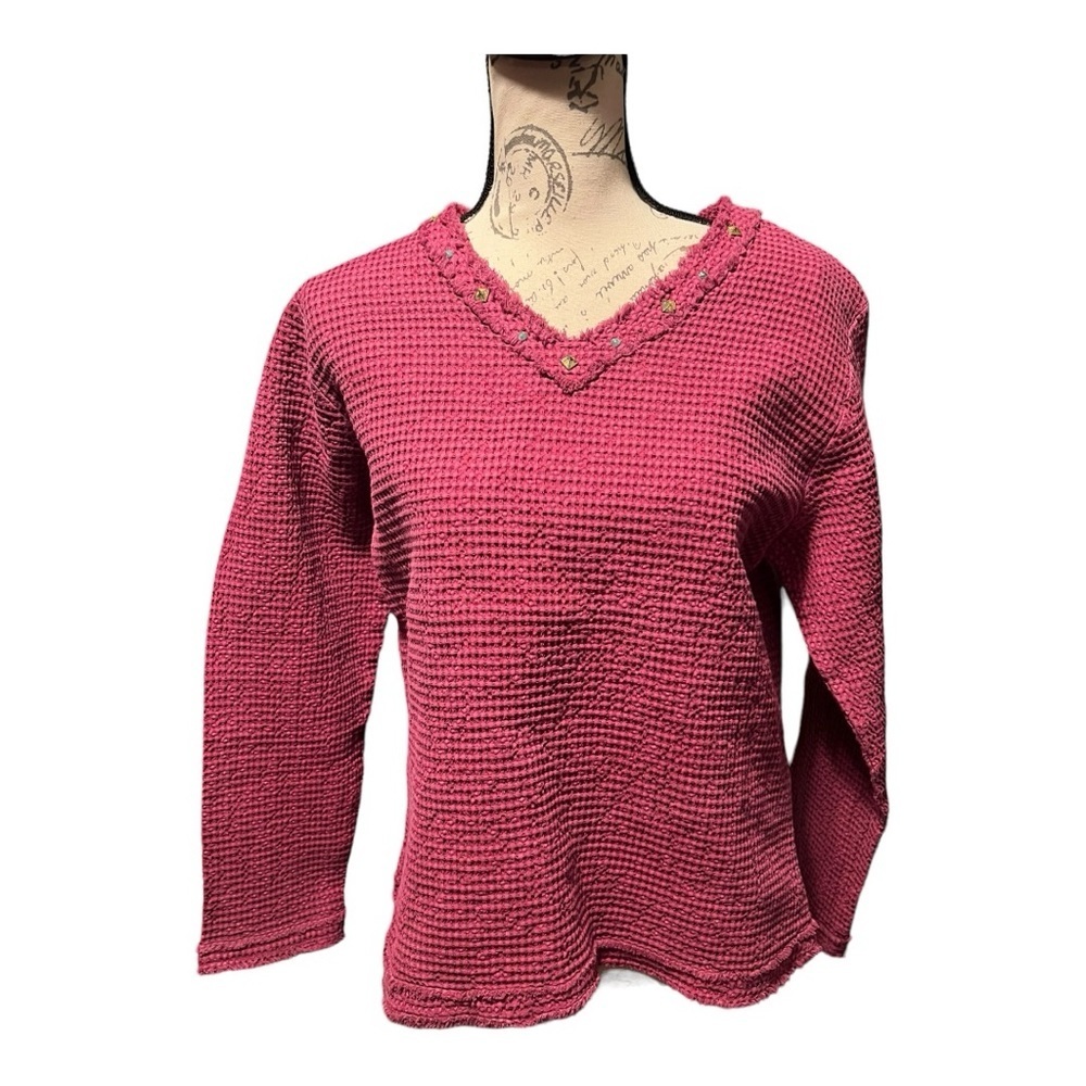 Focus, 100% cotton, v-neck, deep pink waffle knit top, new without tags.